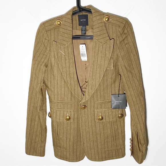 Like New: SMYTHE Peaked Lapel Blazer With Cargo Pocket in Burlap Stripe Size 4 - Picture 4 of 6